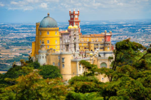 Panorama of Pena National Palace above Sintra town, Portugal. UNESCO World Heritage Site and one of the Seven Wonders of Portugal