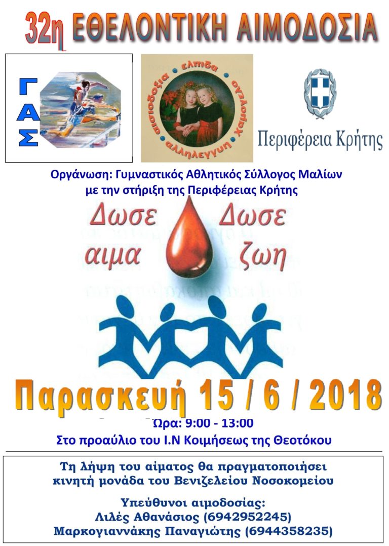 Με την στήριξη της Περιφέρειας Κρήτης εθελοντική αιμοδοσία στα Μάλια