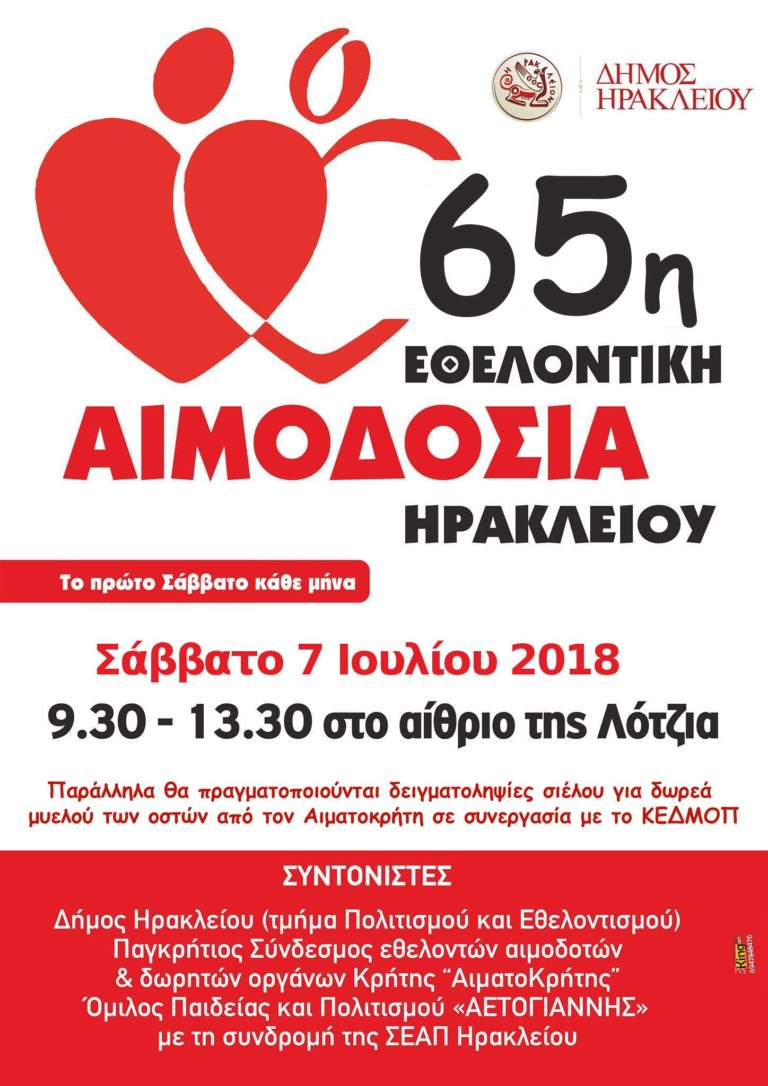 65η  Εθελοντική Αιμοδοσία Ηρακλείου στο Κέντρο του Ηρακλείου (Αίθριο Λότζια)
