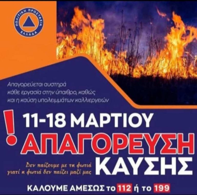 Κίνδυνος για πρόκληση πυρκαγιάς λόγω των ισχυρών ανέμων και των υψηλών για την εποχή θερμοκρασιών- Απαγορεύεται αυστηρά κάθε εργασία στην ύπαιθρο