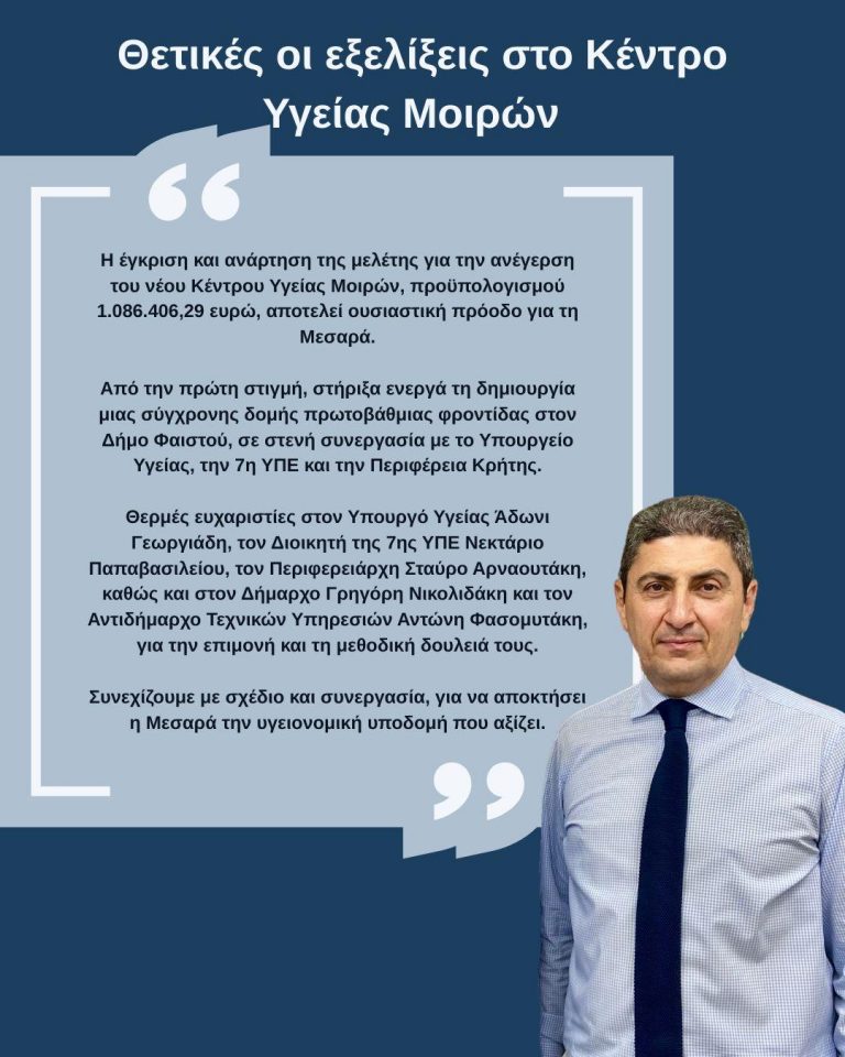 Δήλωση πρ Υπουργού – Βουλευτή Ηρακλείου Λευτέρη Αυγενάκη  για τις θετικές εξελίξεις του νέου Κέντρου Υγείας Μοιρών