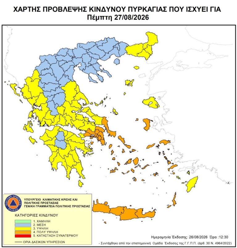 Πολύ υψηλός Κίνδυνος Πυρκαγιάς σε όλη την Κρήτη Την Πέμπτη 27 Αυγούστου 2026