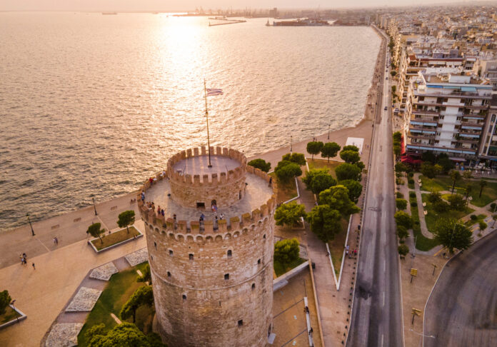 Aerial,View,Of,Thessaloniki,Seafront,During,The,Sunset,And,The